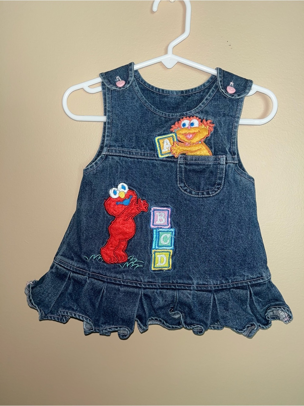 Vintage Sesame Street Baby Elmo And Zoey Ruffled Overall Dress 3/6 Months Y2K